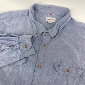 Carhartt Button Down Shirt Mens 2XL Blue Relaxed Fit Chambray Workwear